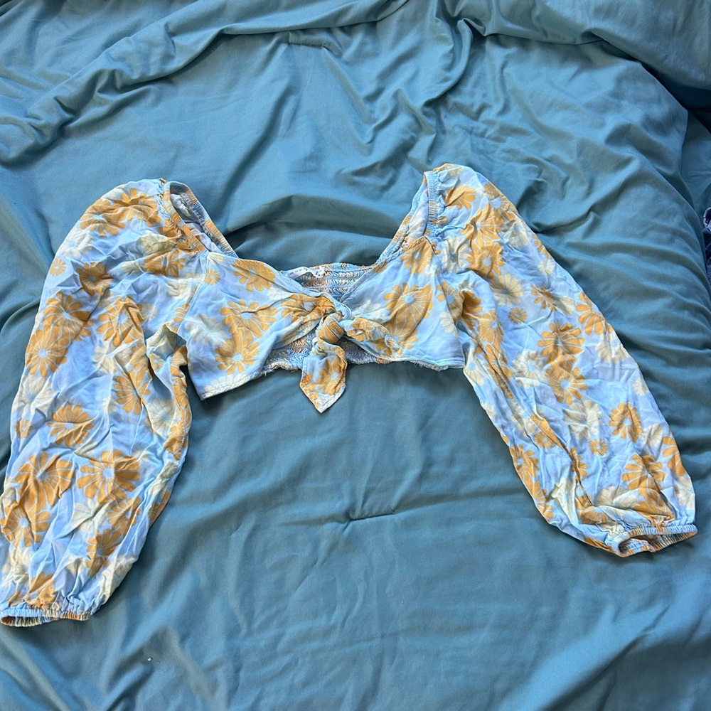 Floral Tie-Front Blouse - Blue and Yellow